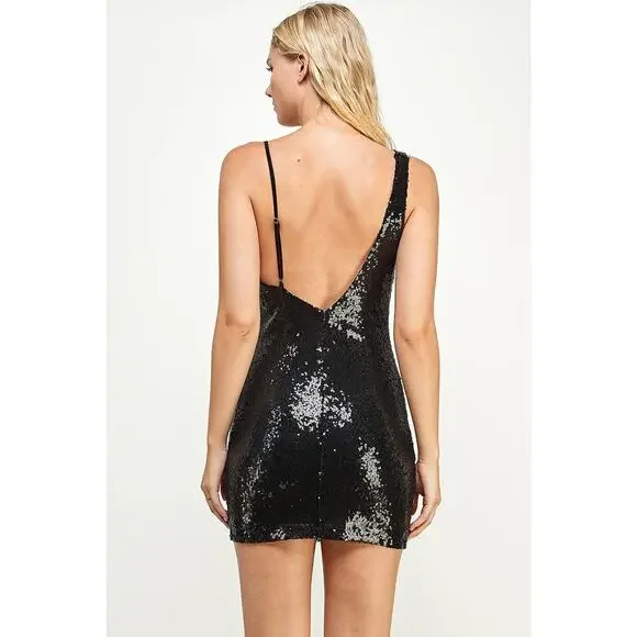 The Vintage Shop Black Sequin Open Back Mini Dress / L NWOT - Picture 3 of 3